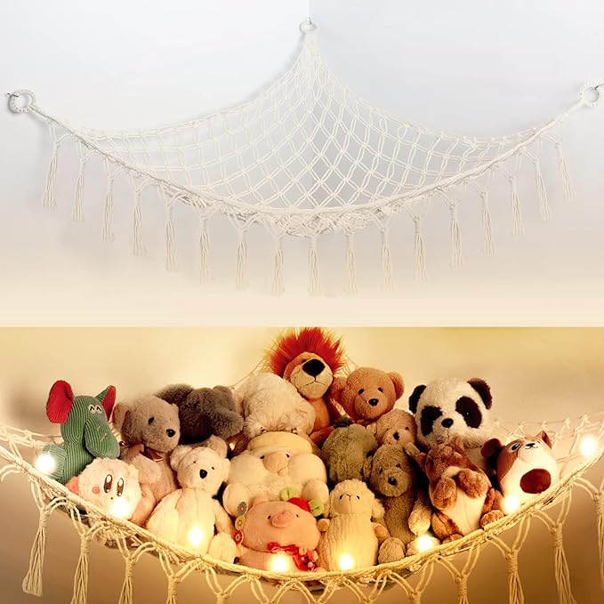 Stuffed Animal Net or Hammock with Light,Yewiwin Macrame Hanging Net Hammock for Stuffed Animal Toy Storage Organizer Boho Decor Room Holder for Nursery Play Room Bedroom (Beige-2)