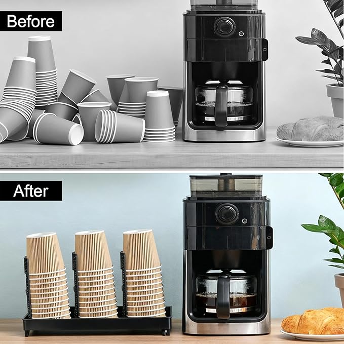 Cup Holder, Adjustable Cup and Lid Organizer Dispenser with Coffee Pod & Straw Storage | Unbreakable Metal Holder for Coffee Station, Bar Countertop, Office Breakroom, Kitchen