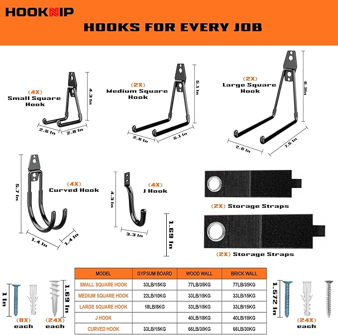 Pack 20 Garage Hooks Heavy Duty | Multi-Sized Wall Mount Tool Hangers with Anti-Rust PVC Coating | Heavy Duty Wall Hooks for Bikes, Ladders, Garden Tools, and More
