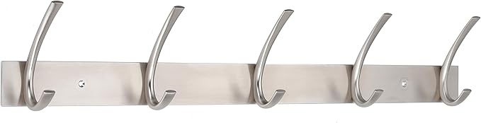BIRDROCK HOME Premium 5-Hook Stainless Steel Coat and Hat Rack for Wall - Front Door Organizer - Mounted Hanger for Jackets, Clothes, Hats, Towel - Silver Dual Hooks - Brushed Nickel Finish