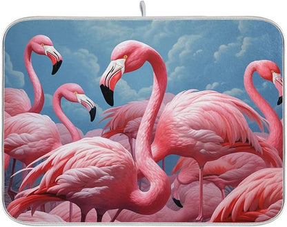 Lifelike Beautiful Pink Flamingo Microfiber Dish Drying Kitchen Countertop Table Protector Multipurpose Counter Rack Sink Drainer Pad (16" x 18")
