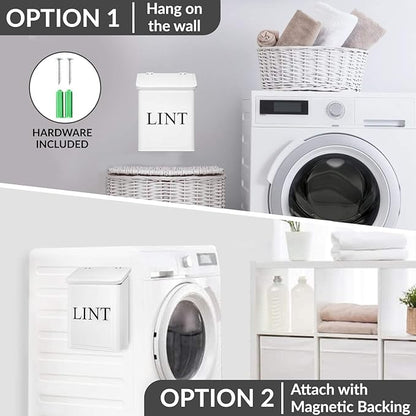 Calindiana Modern Farmhouse Metal Magnetic Lint Bin for Laundry Room Decor and Accessories with Lid and Laundry Room Organization and Storage Wall Mount Space Saving Washer and Dryer Trash Can, White
