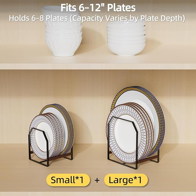 TIPSYTREE 2 Pack Kitchen Plate Organizer with Large & Small Holders, Metal Dish Racks for Compact Homes and Cabinets, Black (1 Large + 1 Small)