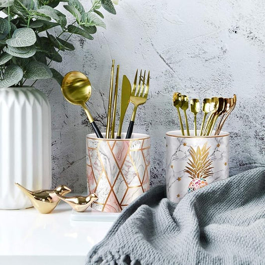 WAVEYU Pen Holder, Pencil Holder for Desk, Cute Makeup Brush Holder Marble Pineapple Pattern Pencil Cup for Girls Kids Durable Ceramic Desk Organizer Pineapple Decor for Office, Classroom