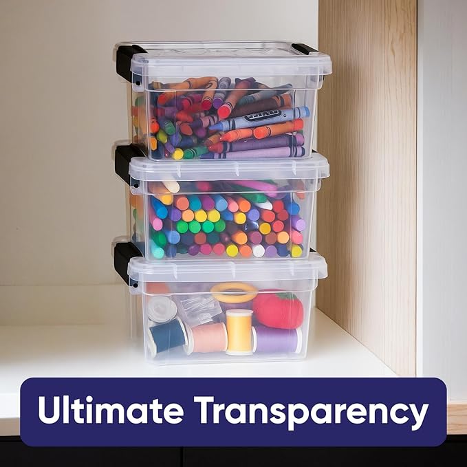 Superio Mini Storage Container Plastic Crayon Box Art Supplies and Sewing Case Stackable Clear Small Organizer for Beads, Stationery, Chalk, and Food, 1.4 Quart, 6 Pack