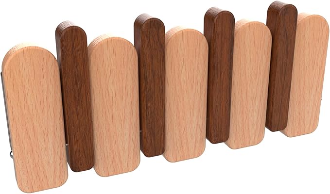 Wall Mounted Coat RackHooks Piano Key Hangers Natural Solid Wood Hanger Non-Woven Fabric Clothes Hangers for Closet, Kitchen, Bedroom, Bathroom, Entryway (Moon Walnut-Beech, 4 Hooks)