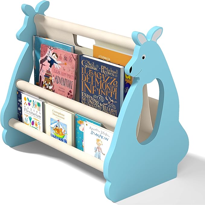Double Sided Kids Bookshelf – 2 Tier Portable Toddler Bookshelf, Book Shelf for Kids Rooms & Playroom, Cute Kangaroo Design Wooden Montessori Baby Bookshelf,Toddler Book Display Shelves,Blue
