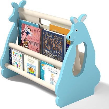 Double Sided Kids Bookshelf – 2 Tier Portable Toddler Bookshelf, Book Shelf for Kids Rooms & Playroom, Cute Kangaroo Design Wooden Montessori Baby Bookshelf,Toddler Book Display Shelves,Blue