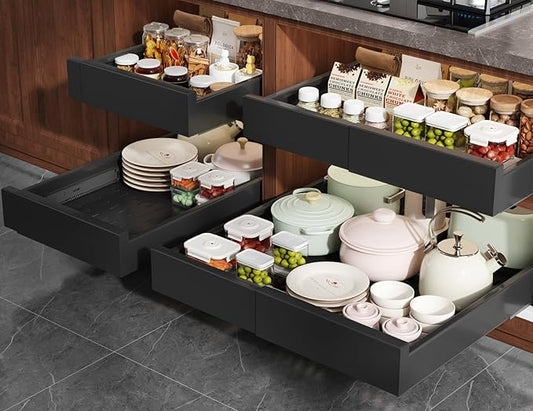 4 Pack Pull Out Cabinet Organizer Expandable Width(13"-21") and Depth(17"-24"),Slide Out Drawers With Raising Pad for Framed Cabinets,No Drill Roll Out Shelves for kitchen,Bathroom,Black