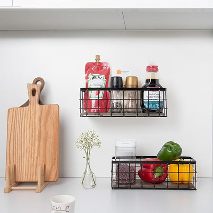 ROSE BLOOM Small Metal Wire Storage Basket, Decorative Wood Base Organizer Bins for Bathroom, Kitchen, Laundry Room, Pantry, Basket for Toilet Paper, Fruits, Spices (2 Pack)