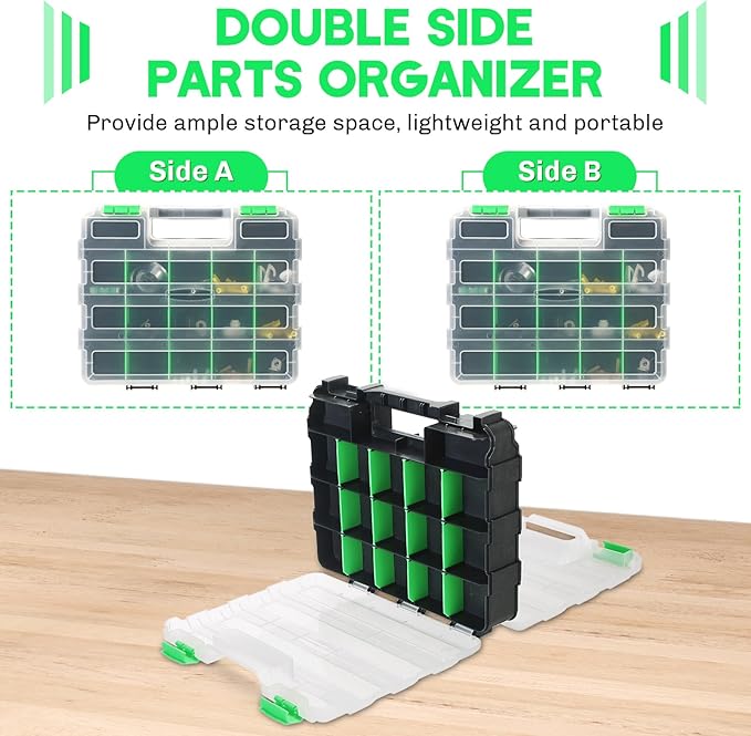 Small Parts Organizer 2 Pack | Storage Case Tools Box 34-Compartments Double Side Organizer Box with Removable Dividers for Small Hardware, Screws, Bolts, Nuts, Nails, Beads (Green)