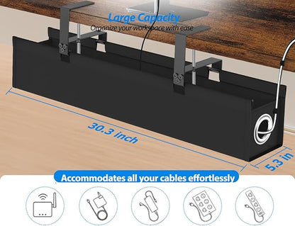 Under Desk Cable Management Tray No Drill, Suolaao 30 Inch Cord Organizer with Oxford Fabric, Clamp Mount, Holds 30 lbs, Large Cable Rack for Gaming & Home Office Standing Desk