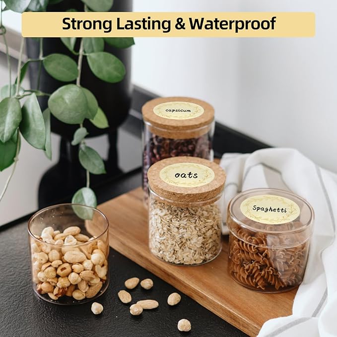 BATTOO 500 Pcs Golden Flower Labels, 2 Inch Round, Waterproof Oil Resistant, Perfect for Jars, Bottles, Kitchen, Pantry, Gift Tags