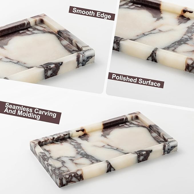 Natural Calacatta Viola Marble Tray 10"x6" Rectangular - Non-Resin Bathroom Vanity Organizer & Office Desk Tray | Waterproof Stone Serving Platter for Jewelry/Perfume (Purple Portoro)