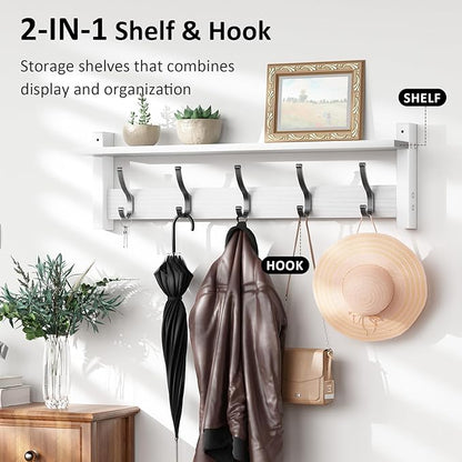 Coat Rack Wall Mount with Shelf, 24 Inch Coat Hanger Walls Mounted, Hat Rack for Walls, Shelf with 5 Coat Hooks, Wall Hanger for Entryway (White)