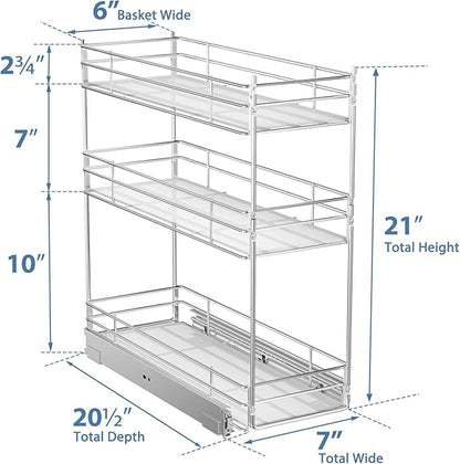 ROOMTEC Pull Out Spice Rack for Narrow Cabinet (7" W X 20½" D),3 Tier Heavy Duty Sliding Spice Cabinet Organization Shelf Racks, Pull Out Shelves Under Cabinet Storage for Kitchen