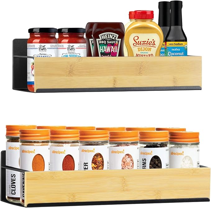 Kitchen Spice Rack Wood: 2 Packs Black Iron and Wooden Adhesive Wall Mount - 11.8" Large Hanging Storage Organizer Cabinet Without Drilling for Smooth Wall