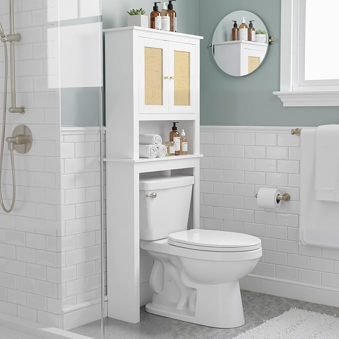 GORZING Over The Toilet Storage Cabinet, Behind Toilet Bathroom Organizer with Adjustable Shelves, Above Toilet Organizers with Barn Door, Space Saver for Restroom, Bathroom, Laundry