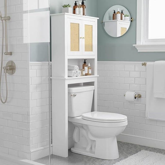 GORZING Over The Toilet Storage Cabinet, Behind Toilet Bathroom Organizer with Adjustable Shelves, Above Toilet Organizers with Barn Door, Space Saver for Restroom, Bathroom, Laundry
