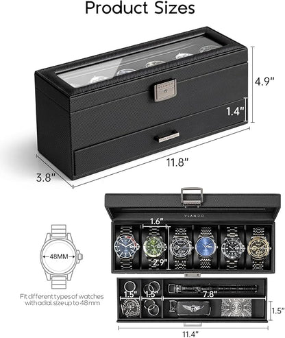 Vlando 6 Slots 2 Layers Watch Case for Men, Watch Box with Glass Lid, Lockable Watch Holder, Business Textured Leather Organizer Display Case, Soft Pillow, Gifts for Fathers, Dad, Husband - Black