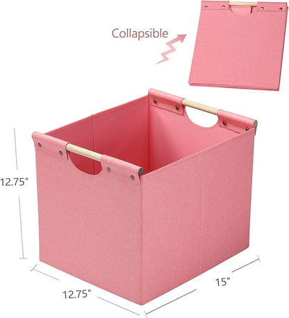 HOONEX Large Foldable Storage Bins, Linen Fabric, Pack of 2, Storage Baskets with Wooden Carry Handles and Sturdy Heavy Cardboard, for Home, Office, Car, Nursery, Pink