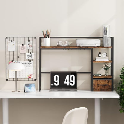 Marbrasse Desk Shelf with Drawer, 40" Desk Hutch for Computer Monitor, Wooden Desktop Bookshelf Storage Rack for Home Office Dorm - Dark Brown