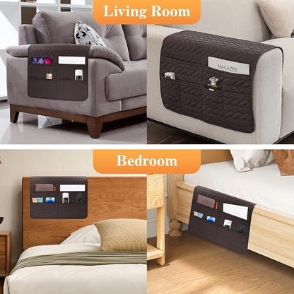 HADEEONG Sofa Armrest Organizer Arm Chair Caddy for Recliner, Remote Control Holder for Recliner, Non-Slip Armchair Caddy with 6 Pockets Storage for Magazine, Chocolate