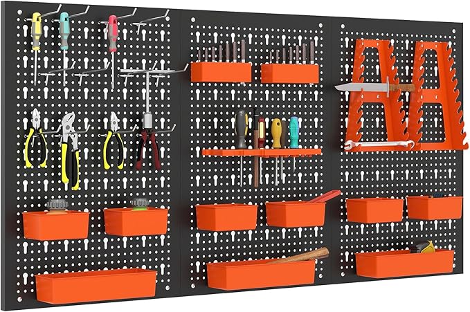 Tool Pegboard Organizer, 4 FT Metal Pegboard Wall with Hooks, Storage Bins & Tool Holders, Peg Board Kit Garage Storage System for Workbench Shed, Craft Room & Workshop (Black+Orange)