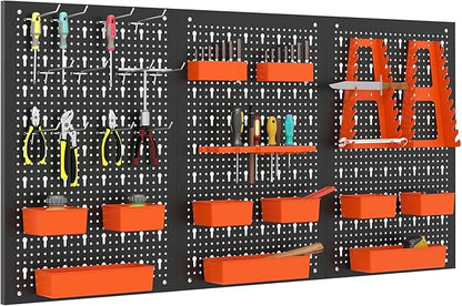 Tool Pegboard Organizer, 4 FT Metal Pegboard Wall with Hooks, Storage Bins & Tool Holders, Peg Board Kit Garage Storage System for Workbench Shed, Craft Room & Workshop (Black+Orange)