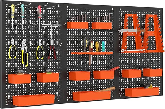 Tool Pegboard Organizer, 4 FT Metal Pegboard Wall with Hooks, Storage Bins & Tool Holders, Peg Board Kit Garage Storage System for Workbench Shed, Craft Room & Workshop (Black+Orange)