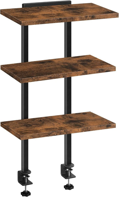 Clamp On Desk Organizer, 3-Tier Desktop Bookshelf, Adjustable Desk Storage Shelf, Metal Frame, for Office, Study and Game Room, Rustic Brown DSHR3601