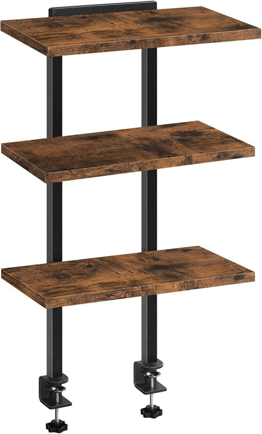 Clamp On Desk Organizer, 3-Tier Desktop Bookshelf, Adjustable Desk Storage Shelf, Metal Frame, for Office, Study and Game Room, Rustic Brown DSHR3601