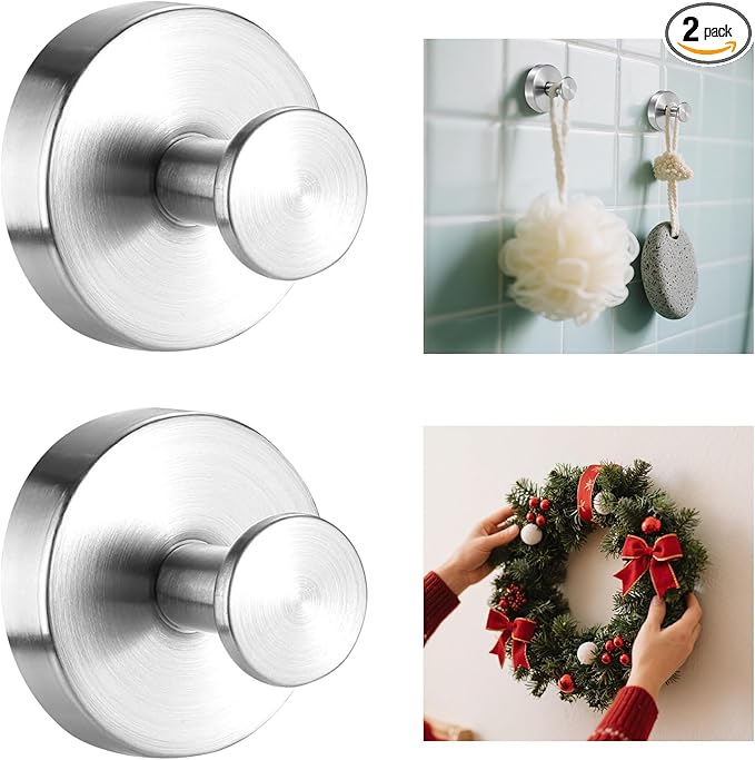 HESUSLA Suction Cup Hooks for Wreaths on Glass,2025 New Model No-Drill Suction Cup Hooks,Wreath Hangers for Front Doors,Metal Towel Hooks for Showers Bathrooms Mirrors(2 Pack,Silver)