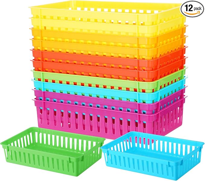 Wenqik Set of 12 Plastic Baskets for Organizing 10.24 x 6.5 x 2.36 Inch Rectangular Trays Plastic Organizer Bins Rectangle for Desk Organization (Colorful)