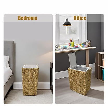 Yatmung Wicker Trash Can with Lid - Bathroom Trash Can with Lid - 3.5 Gallon Rattan Trash Bin - Woven Trash Cans - Waste Basket for Bedroom, Living Room, Office - Press Top - Boho Bathroom Garbage Can