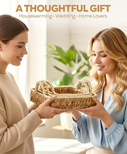 Handwoven Water Hyacinth Storage Baskets for Toilet, Living Room, Nursery Organization - Natural Rectangular Set of 3 Versatile Nesting Baskets with Scalloped Edge Design & Handles