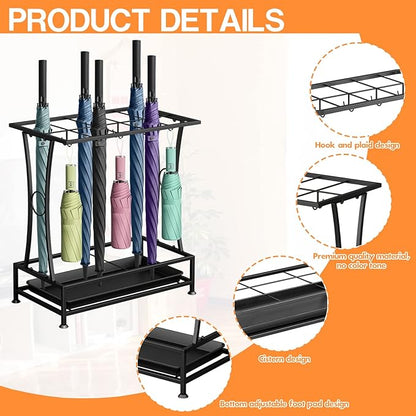 Metal Umbrella Holder Stand with Removable Drip Tray, Industrial Free Standing Umbrella Rack Organizer for Entryway Home Office Patio Decor(10 Slots 8 Hooks, Black)