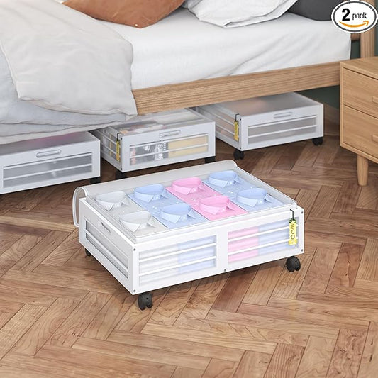 Bamboonova Bamboo Underbed Storage Containers with Wheels & Bag 2 Pack, Large Under Bed Rolling Storage Bins Wood Under Bed Clothes Storage Stackable Drawers for Bedroom Closet Under Crib Toy(White)