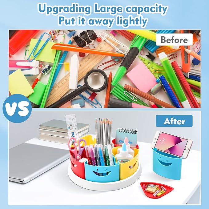 MeCids Art Supply Storage and Organizer - 360° Spinning Pen Holder and Pencil/Marker Organizer Caddy for Desk for Office, Classroom - Kids Craft Supplies Organization and Storage - Cell Phone Stand