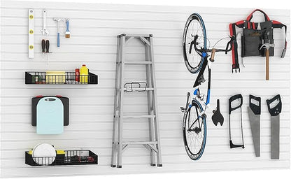 Slatwall Panel Wall Storage Systems, 4x8 ft Slat Wall Paneling Garage Wall Organizer with Five Hooks, Heavy Duty Wall Mounted PVC Wall Rack, White