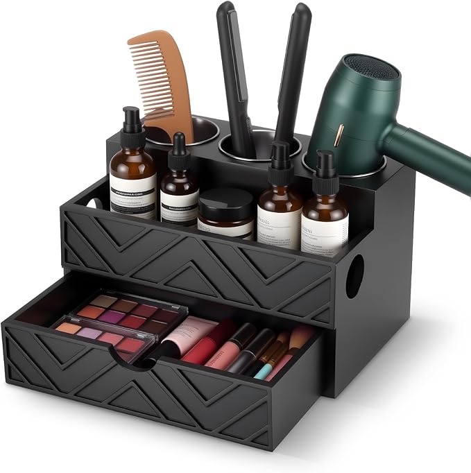 AceOrbit Hair Tool Organizer with Drawer, Hair and Makeup Bathroom Vanity Organizers and Storage Fits Blow Dryer, Curling Iron, Makeup Brushes, Skincare, Hot Tools Organizer for Tidy Counter(Black)