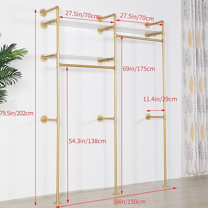 Gold Industrial Pipe Clothing Rack - Wall Mounted Clothes Rack with 2 Hanging Rods & 2 Tier Shelves, Closet Organizers and Storage for Shop, Retail Display, Bedroom, 79.5 x 59in