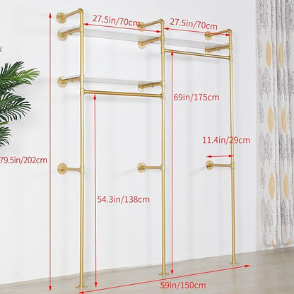 Gold Industrial Pipe Clothing Rack - Wall Mounted Clothes Rack with 2 Hanging Rods & 2 Tier Shelves, Closet Organizers and Storage for Shop, Retail Display, Bedroom, 79.5 x 59in