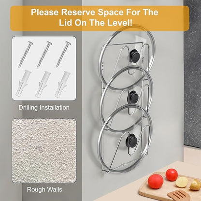 MZTOOL 2 Pack Pot-Lid-Organizer, 6-Tier Pots and Pans Lid-Organizer for Cabinet Door/Wall, No Drilling Adhesive Wall/Door Mounted Rustproof Pot-Lid-Holder for Kitchen Organization - silver