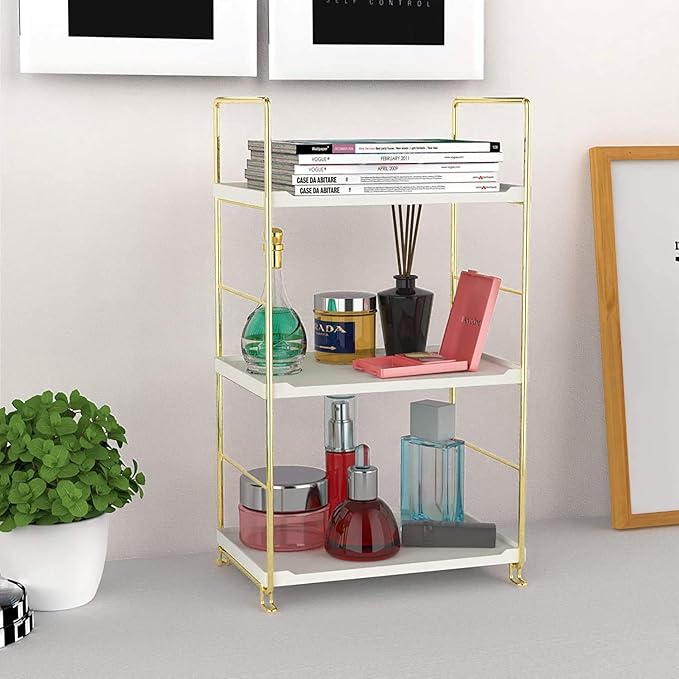 kaileyouxiangongsi 3-Tier Kitchen Spice Rack, Freestanding Stackable Organizer Shelf, Bathroom Countertop Storage Shelf, Cosmetic Organizer Holder, Square Standing Rack (Golden)