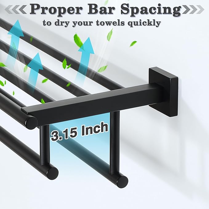 Alise 20 Inch Towel Rack for Bathroom Wall Mount,Black Double Towel Bars with Shelf,SUS 304 Stainless Steel Bathroom Towel Holder Towel Hanger for Bathroom Walls,Matte Black