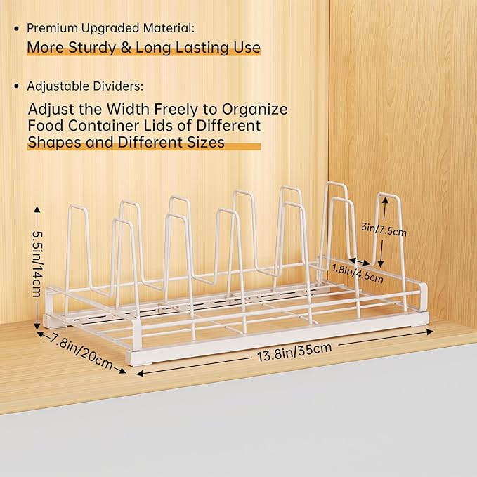 ZDDLOINP Food Container Lid Organizer for Cabinet,with 6 Adjustable Dividers Detachable,Metal Pot Lid Organizer Rack Storage Plastic Lids Pots Bakeware for Cabinets, Cupboards,Pantry, Drawers (White)