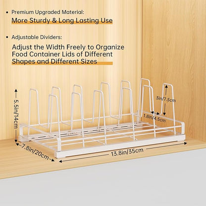 ZDDLOINP Food Container Lid Organizer for Cabinet,with 6 Adjustable Dividers Detachable,Metal Pot Lid Organizer Rack Storage Plastic Lids Pots Bakeware for Cabinets, Cupboards,Pantry, Drawers (White)