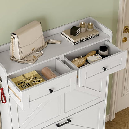 Shoe Storage Cabinet for Entryway, Farmhouse Narrow Shoe Cabinet with 2 Flip Drawers & Top Drawers, Adjustable Shelves & Hooks, Freestanding Hidden Rack Organizer for Hallway, Foyer