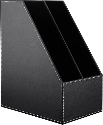 KINGFOM Wooden Leatherette Desktop File Folder Organizer and Document File Stand Journals Magazine Rack 2 Slots (black)
